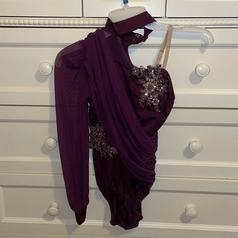 Asymmetrical Mesh Lyrical Leotard Costume with Maxi Skirt and Hair Piece
